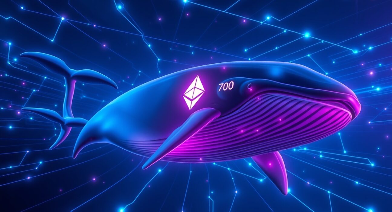 A digital whale swimming through a blockchain network, representing a whale withdraws ETH from Bybit in a large transaction.