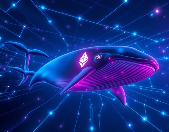 A digital whale swimming through a blockchain network, representing a whale withdraws ETH from Bybit in a large transaction.