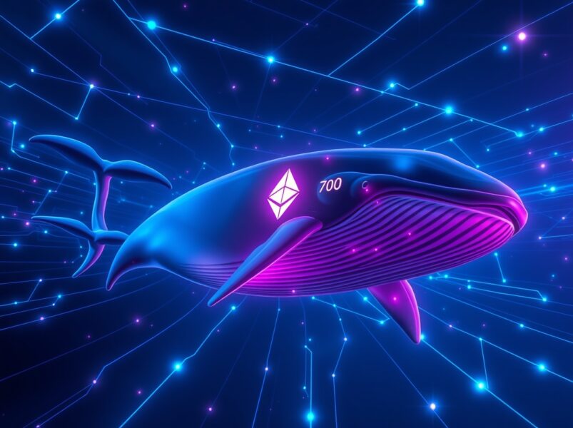 A digital whale swimming through a blockchain network, representing a whale withdraws ETH from Bybit in a large transaction.