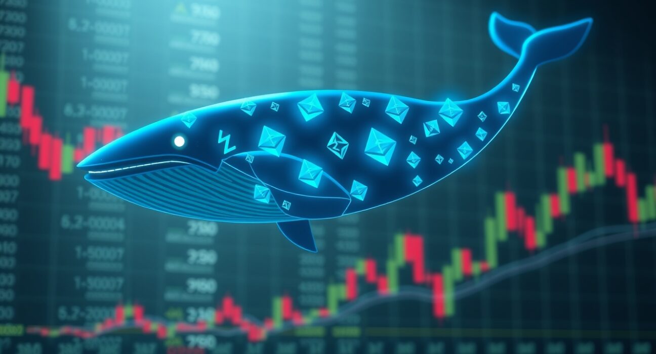 Digital whale made of Ethereum symbols swimming through financial data stream.