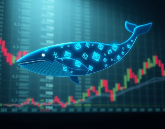 Digital whale made of Ethereum symbols swimming through financial data stream.