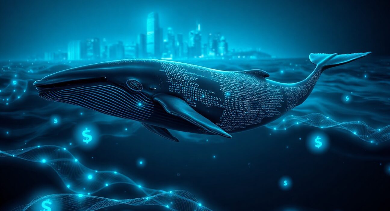 Digital whale swimming through blockchain data streams representing a large HYPE withdrawal from Coinbase