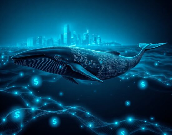 Digital whale swimming through blockchain data streams representing a large HYPE withdrawal from Coinbase