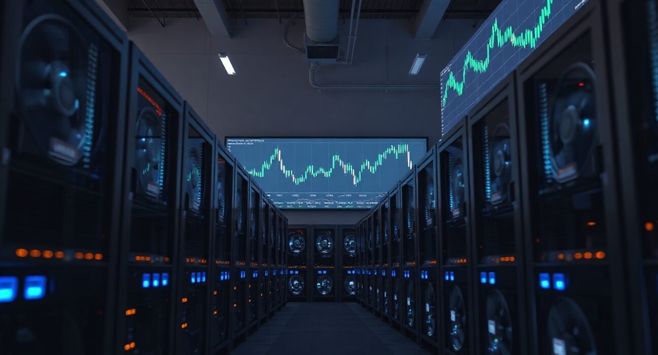 Interior of a large Bitcoin mining facility with glowing rigs and a live price chart showing upward trend.