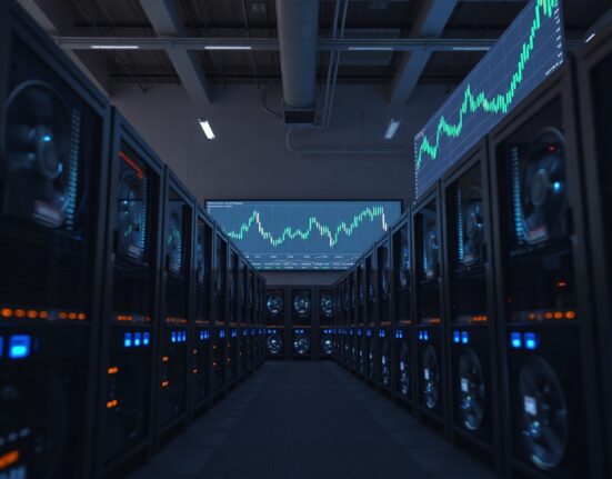 Interior of a large Bitcoin mining facility with glowing rigs and a live price chart showing upward trend.
