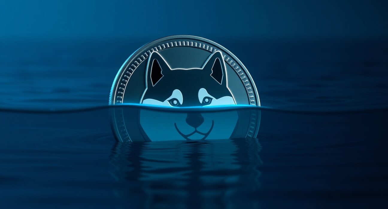 Dogecoin coin partially submerged in ocean with digital trading overlay showing moving average line.