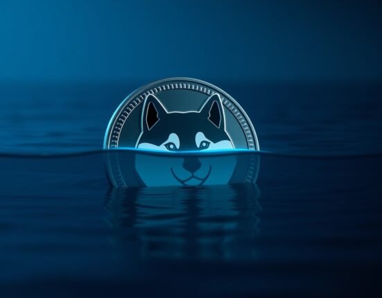 Dogecoin coin partially submerged in ocean with digital trading overlay showing moving average line.