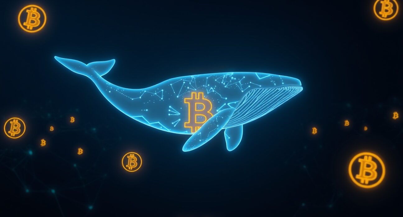 Digital whale swimming through data streams with glowing BTC and HYPE symbols