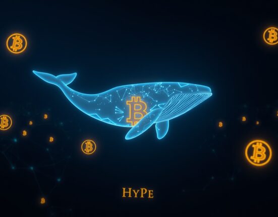 Digital whale swimming through data streams with glowing BTC and HYPE symbols