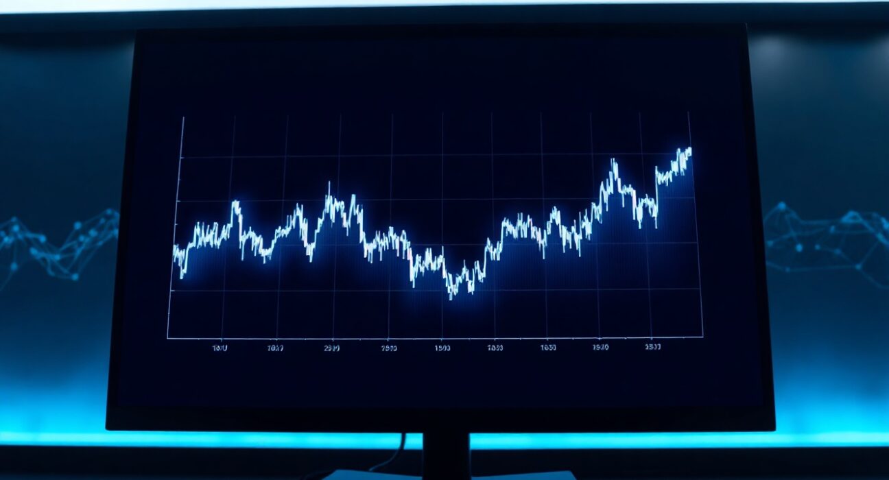 Digital interface showing an upward-trending chart with blockchain network visualizations in the background.