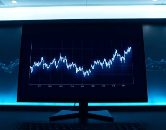 Digital interface showing an upward-trending chart with blockchain network visualizations in the background.
