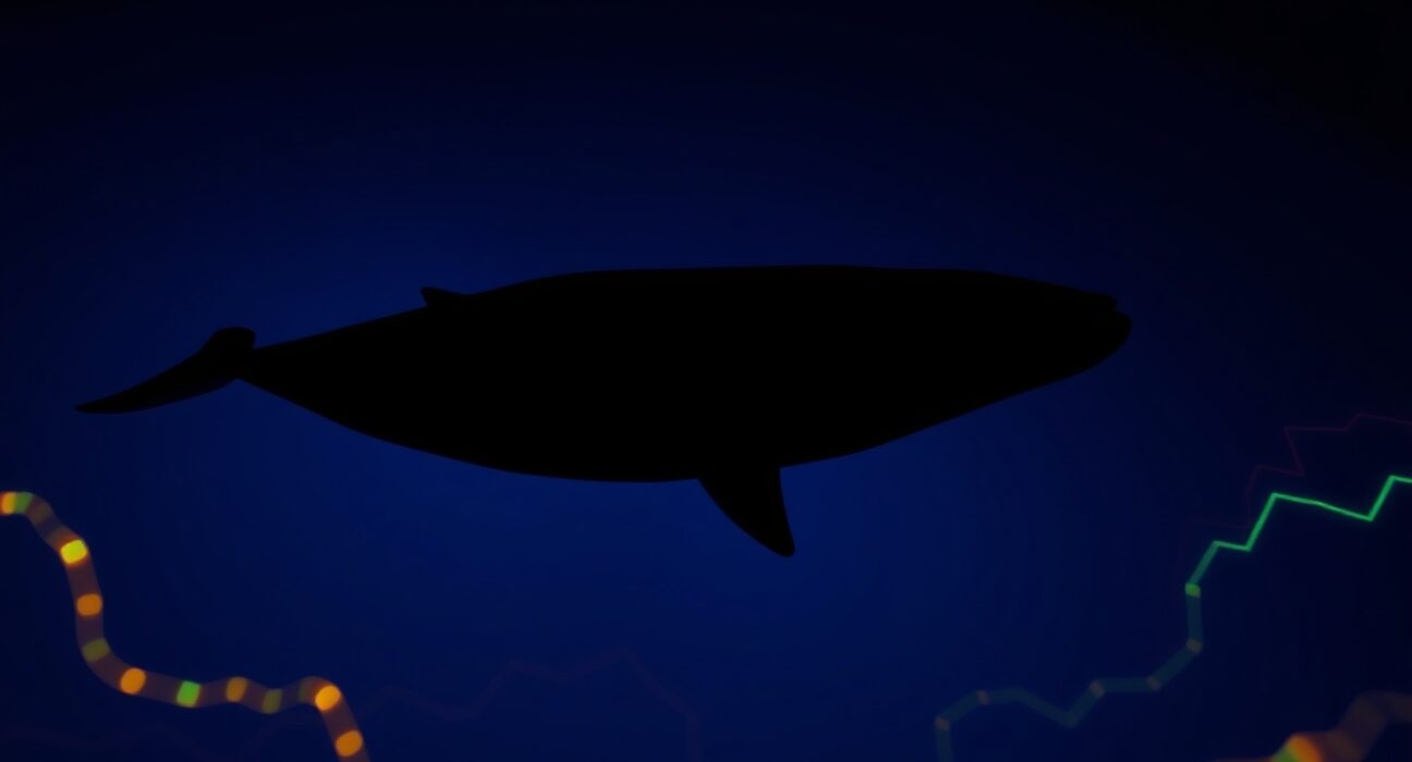 A whale swimming through a digital ocean with blockchain data streams, representing large cryptocurrency investors.