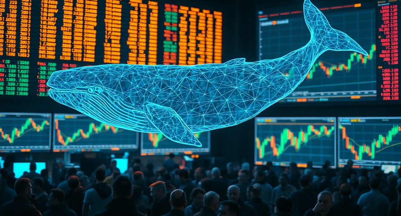 Digital whale silhouette over crowd of traders on a Bitcoin futures trading floor with candlestick charts