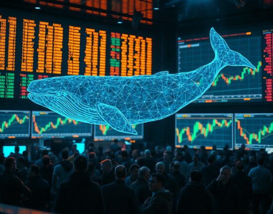Digital whale silhouette over crowd of traders on a Bitcoin futures trading floor with candlestick charts