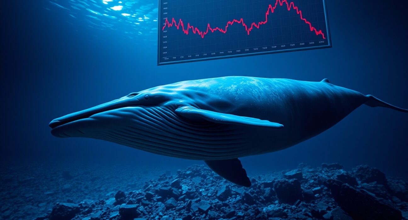 Whale swimming underwater with stock chart showing losses in background