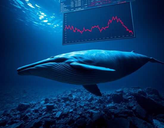 Whale swimming underwater with stock chart showing losses in background