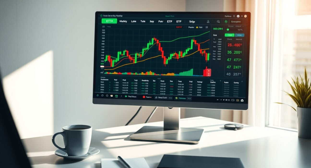Investor reviewing ETF performance on a computer monitor at a modern trading desk