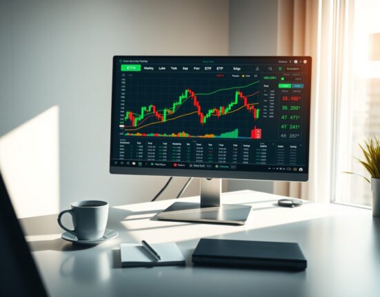Investor reviewing ETF performance on a computer monitor at a modern trading desk