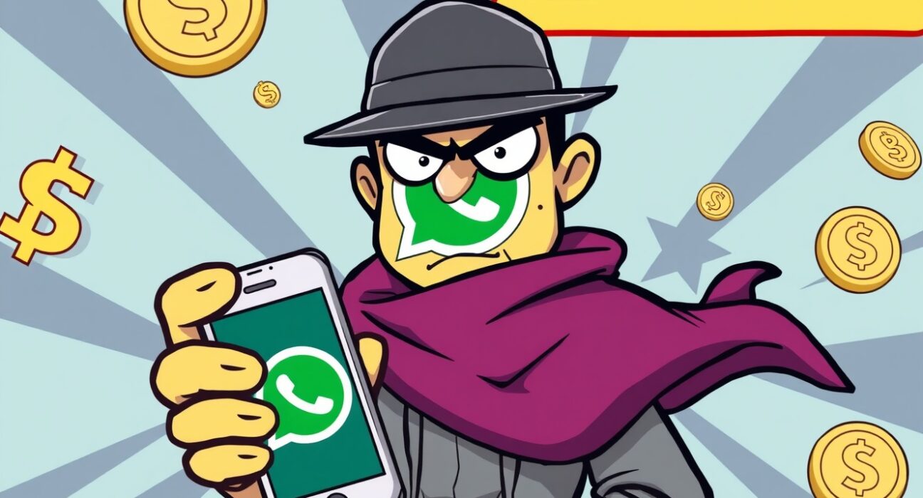 Cartoon illustration warning about WhatsApp impersonation scams targeting cryptocurrency users