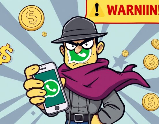 Cartoon illustration warning about WhatsApp impersonation scams targeting cryptocurrency users
