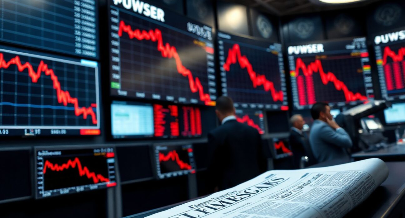 Stock market screens showing red charts while a positive economic news headline lies on a desk