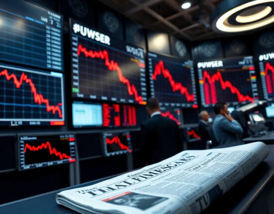 Stock market screens showing red charts while a positive economic news headline lies on a desk