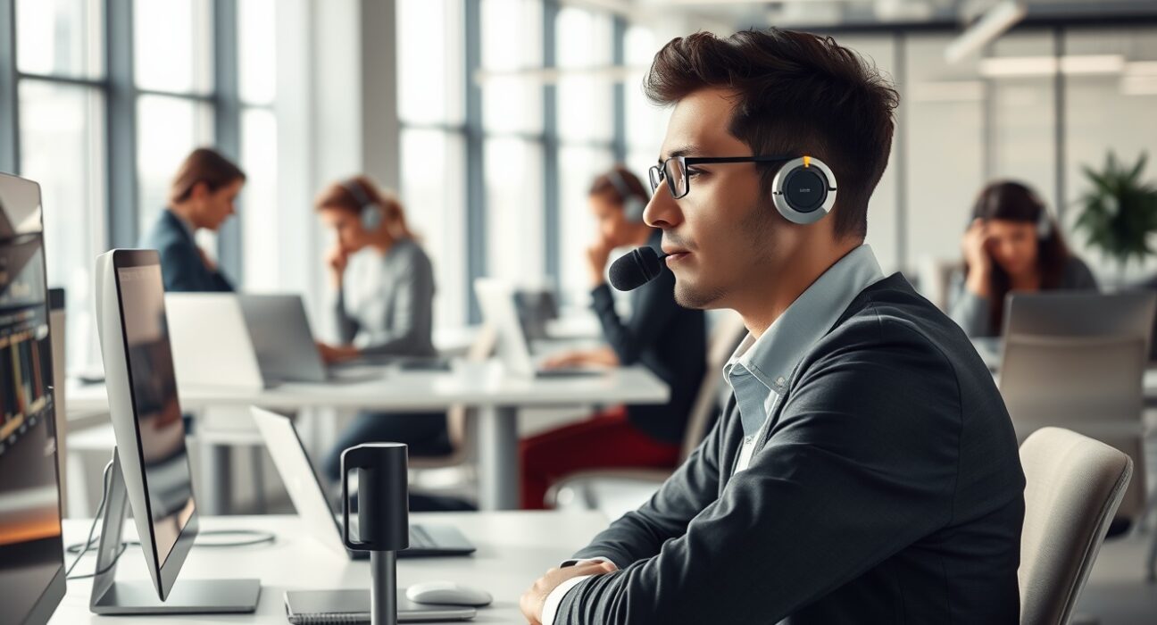 Professional whispering to computer microphone in a modern, quiet office with colleagues nearby.