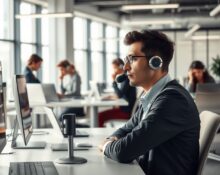 Professional whispering to computer microphone in a modern, quiet office with colleagues nearby.
