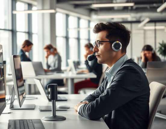 Professional whispering to computer microphone in a modern, quiet office with colleagues nearby.