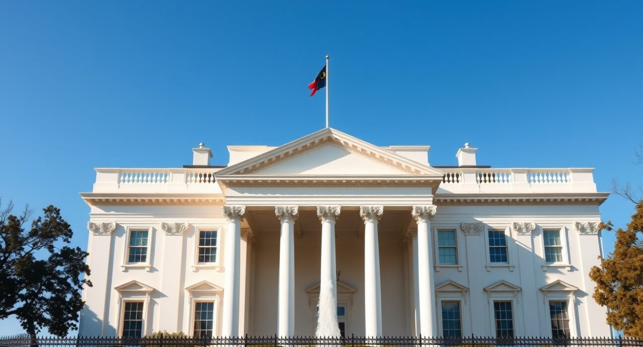 White House building exterior on a sunny day, representing U.S. trade policy announcement