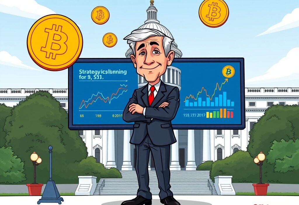 A cartoon illustration of a White House official discussing the importance of building U.S. BTC reserves and digital asset policy.