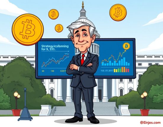 A cartoon illustration of a White House official discussing the importance of building U.S. BTC reserves and digital asset policy.
