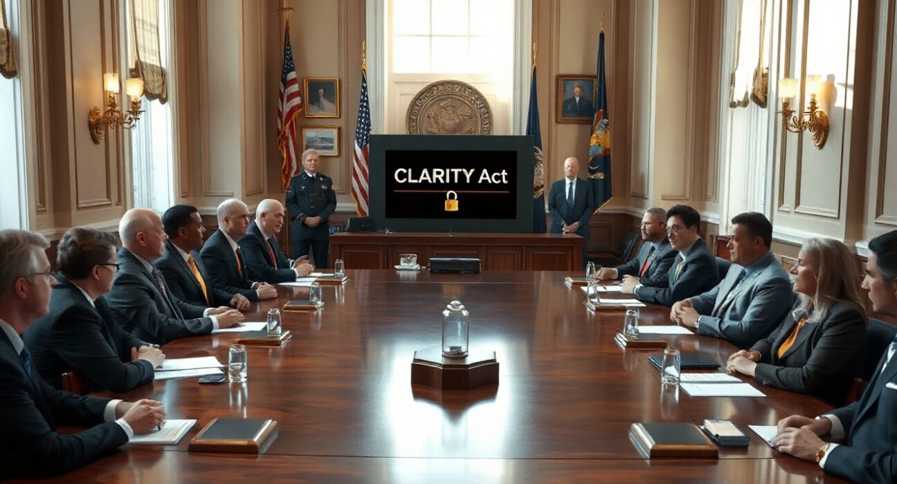 Officials gather at a meeting table in the Eisenhower Executive Office Building to discuss the CLARITY Act and crypto crime enforcement.