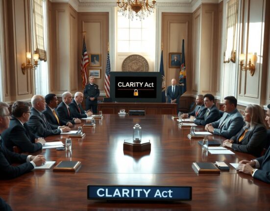 Officials gather at a meeting table in the Eisenhower Executive Office Building to discuss the CLARITY Act and crypto crime enforcement.