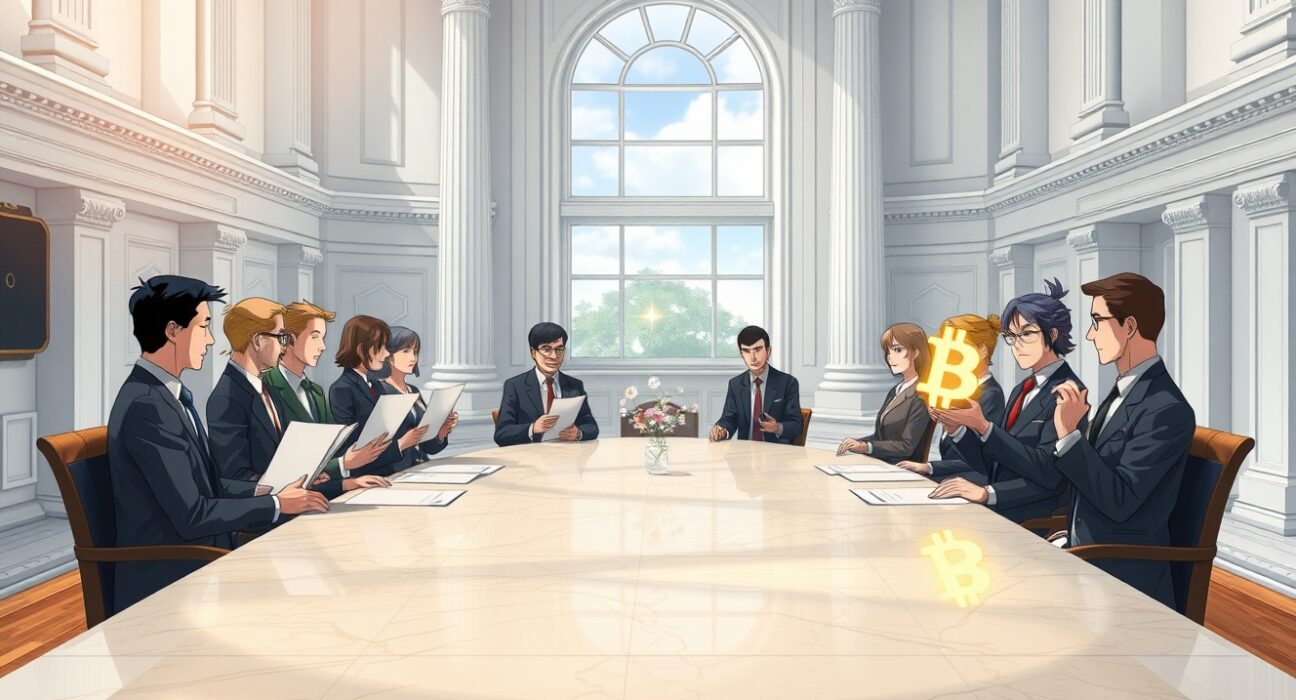 White House meeting on Senate crypto bill with banking and cryptocurrency industry leaders discussing stablecoin regulation.