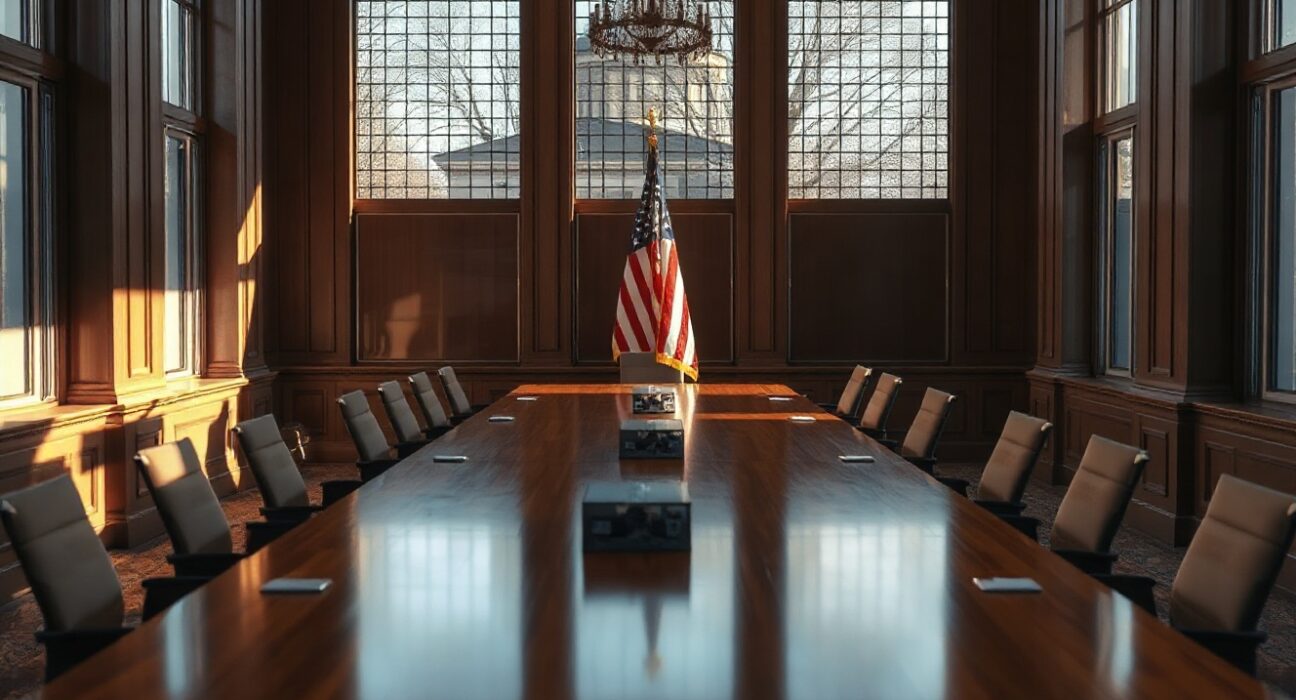 Empty government meeting room prepared for a White House crypto policy discussion