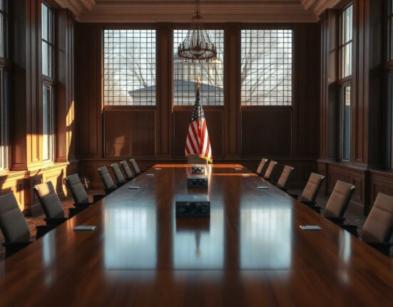 Empty government meeting room prepared for a White House crypto policy discussion