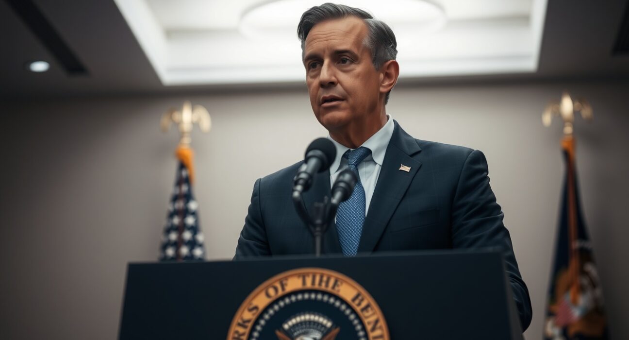 White House crypto council executive director Patrick Witt speaking at a press conference podium