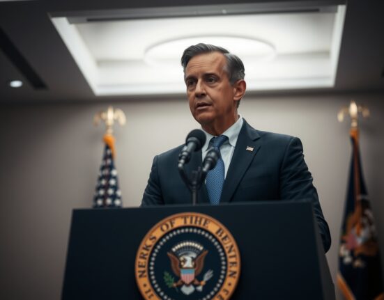 White House crypto council executive director Patrick Witt speaking at a press conference podium