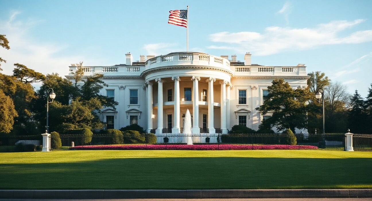 White House building exterior on a sunny day, site of upcoming crypto and prediction markets summit