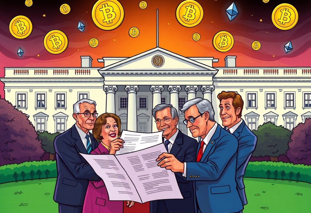 A cartoon illustration symbolizing the White House's landmark report on crypto regulation, showing officials discussing digital assets.