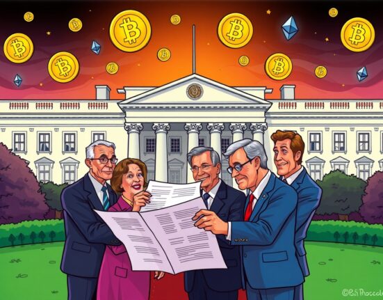 A cartoon illustration symbolizing the White House's landmark report on crypto regulation, showing officials discussing digital assets.