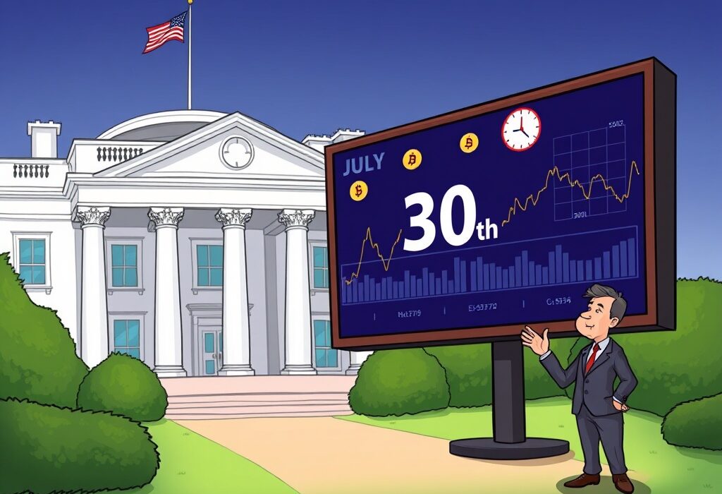 A cartoon illustration showing the White House and a digital screen, symbolizing the upcoming White House crypto report and its impact on digital assets.