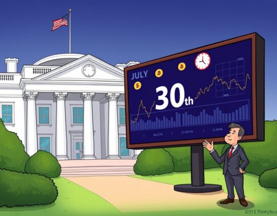 A cartoon illustration of the White House and crypto symbols, representing the upcoming crypto regulatory report.