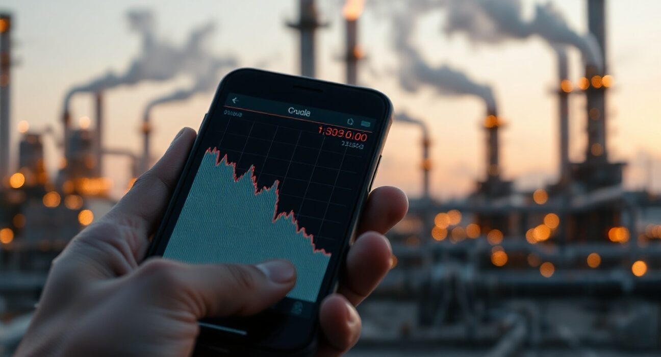 Smartphone displaying crude oil price chart with refinery background at dusk