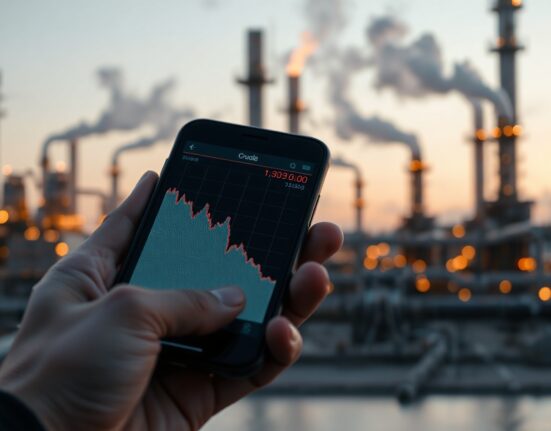 Smartphone displaying crude oil price chart with refinery background at dusk