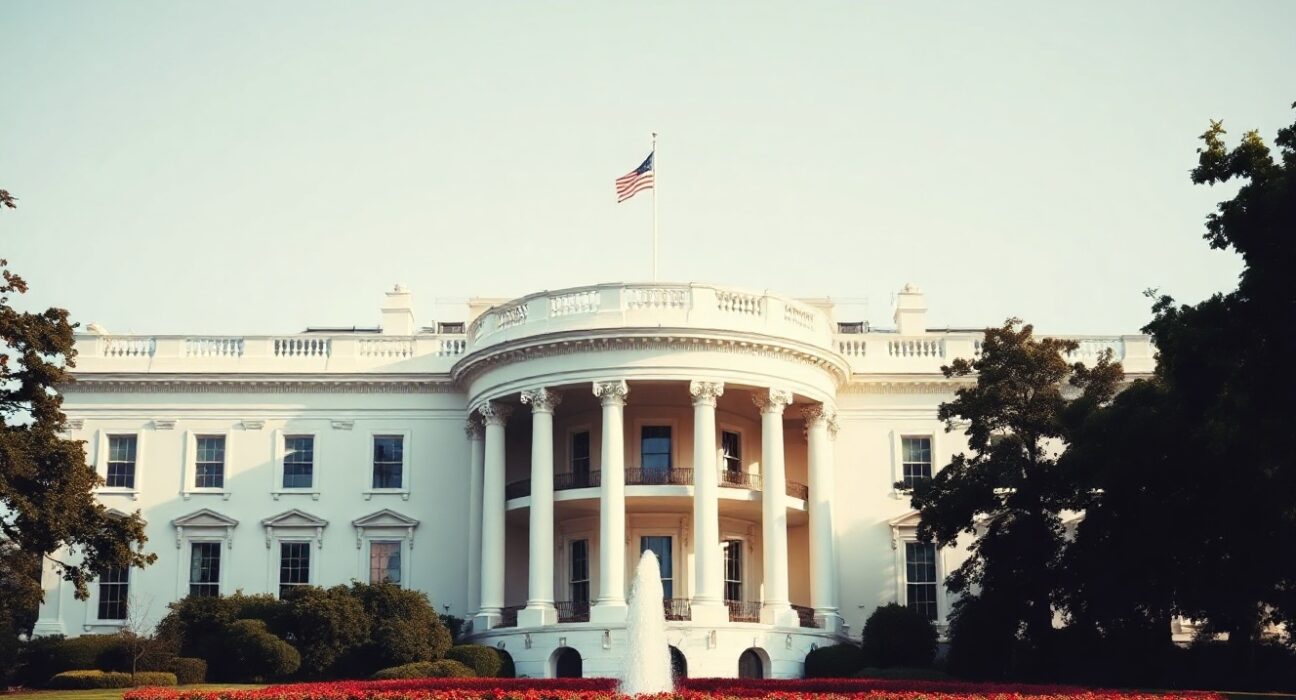 White House building exterior on a clear day, representing the seat of the U.S. government and the subject of political news coverage.