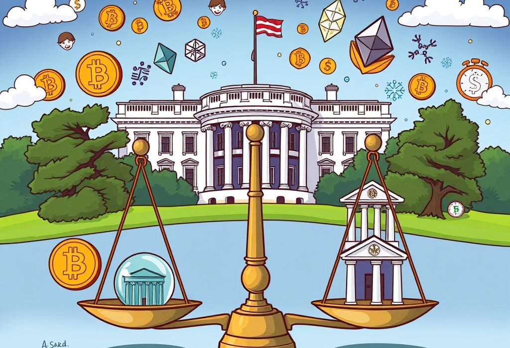 A cartoon illustration symbolizing the White House digital asset report's impact on crypto regulation and the future of digital finance.