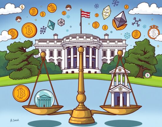 A cartoon illustration symbolizing the White House digital asset report's impact on crypto regulation and the future of digital finance.