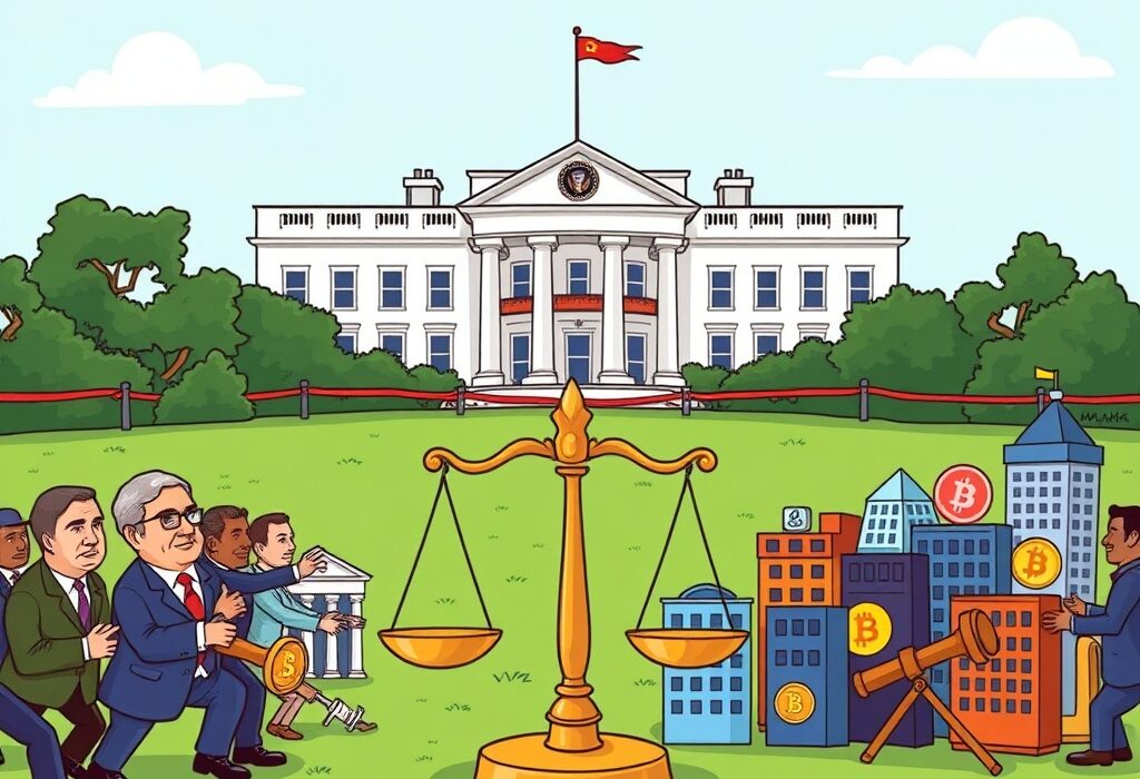 A cartoon illustrating the impact of the White House executive order on bank bias, aiming to ensure fair financial services for crypto firms.
